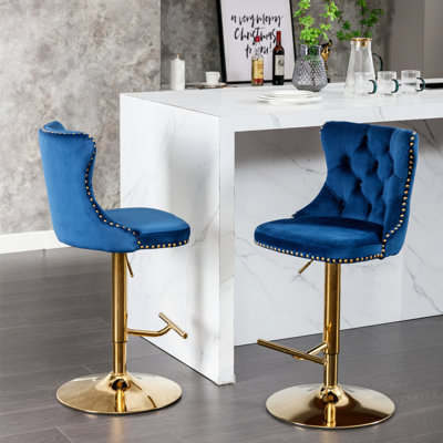 25 - 33 pouces de tabourets de bar réglables, de 2 velours bleu, dossier moderne pour un siège de pub en velours confortable pour îlot de cuisine, et