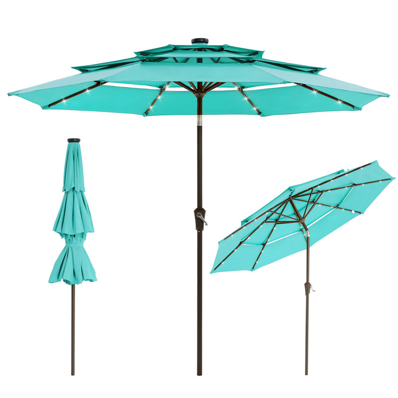 9ft 3-Tier Solar Patio Umbrella, 24 LED Lights, Crank & Tilt, 8-Rib Vent for Deck, Pool, Garden, Teal
