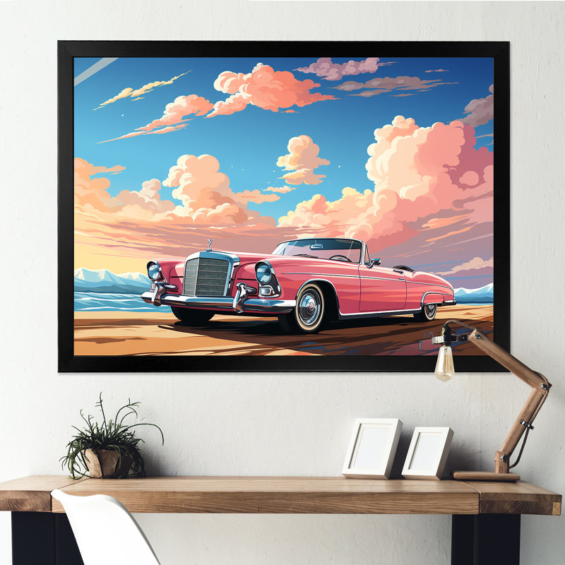 Voiture rose Cadillac rose au coucher du soleil III - voiture ancienne, art mural américain, Cadre d'angle fermé noir