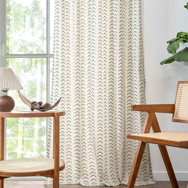 Printed Linen Farmhouse Boho Rod Pocket Curtains, 50" W x 63" L, Black