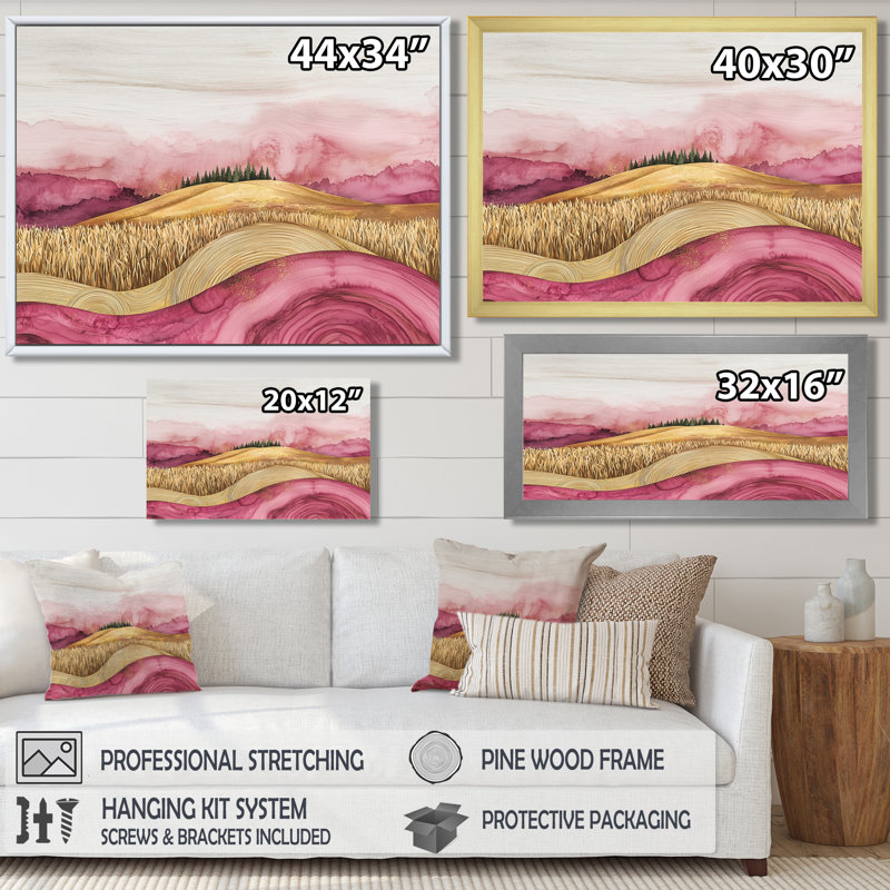 «Farm Charm Meadow With Lavender Ink Field Landscape», impressions sur toile de ferme, H 16 po x l 32 po, Blanc