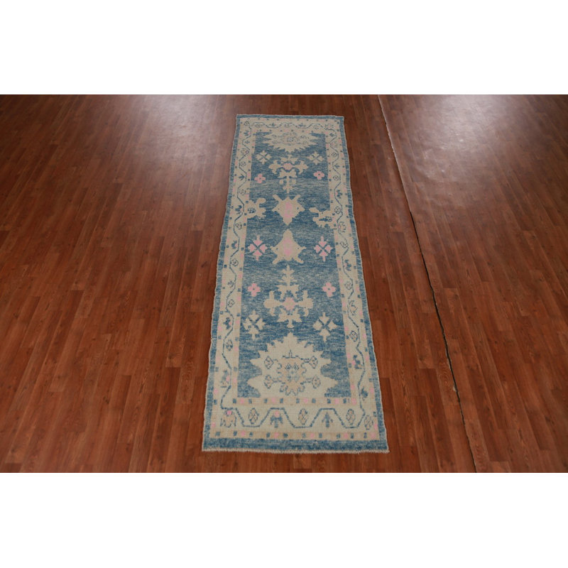 Vegetable Dye Blue Oushak Turkish Runner Rug 3x9