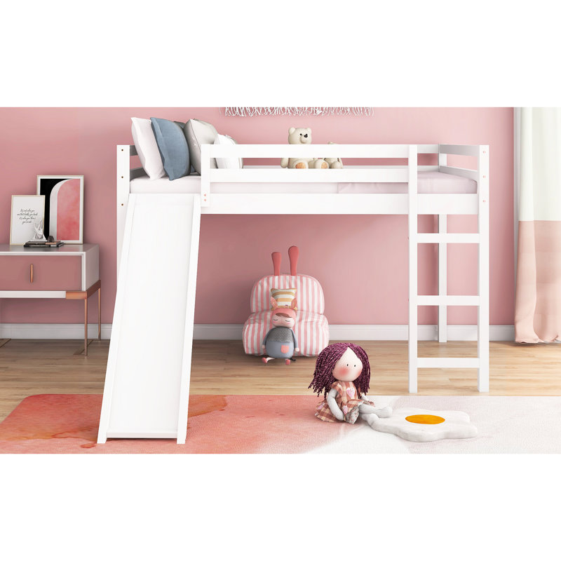 Lit mezzanine double en bois massif avec glissade en pin blanc solidement soutenu - offrant durabilité et style
