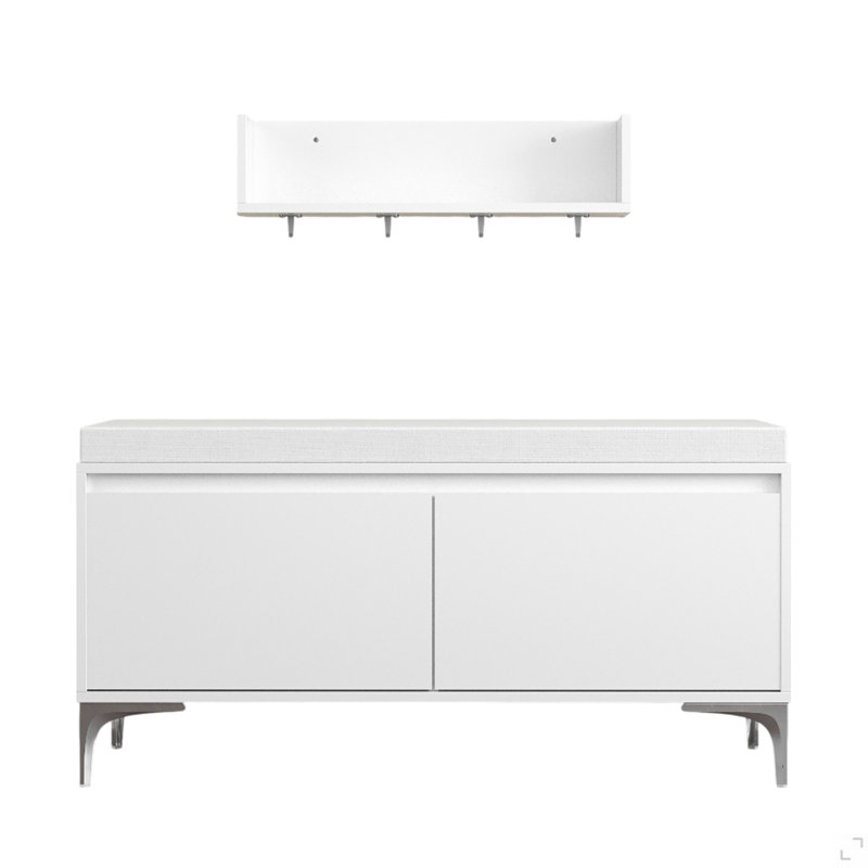 Étagère de hall d'entrée murale avec crochets et banc de rangement, armoire à chaussures blanche moderne avec coussin et rangement fermé pour le couloir, la chambre à coucher ou le vestibule