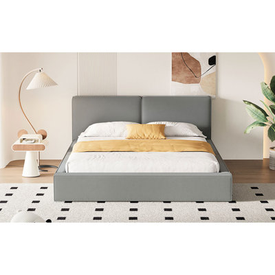 Grand lit tapissier en velours gris - Plateforme stable et confortable de taille de base avec revêtement en tissu d'ameublement