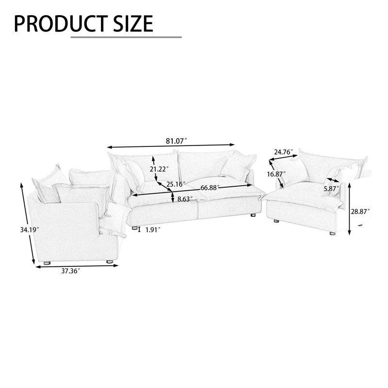 4 - Piece Upholstered Modular Gray Chenille Sectional Sofa Set – Plush Cloud Cushion Lounge Furniture, Customizable Layout for Cozy Living Rooms