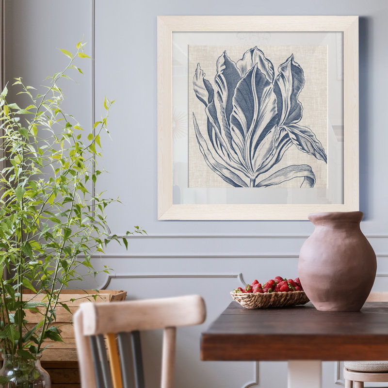Indigo Floral On Linen I-Premium Framed Print - Ready To Hang - Single Picture Frame Print, 21" H x 21" W x 1" D, White Mat
