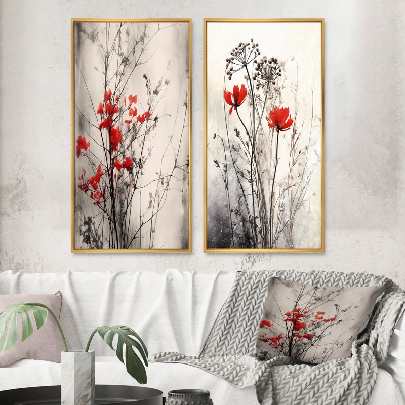 2 pièces sur toile - Red Gray Herb Garden, H 32 po x l 32 po, Encadrement doré