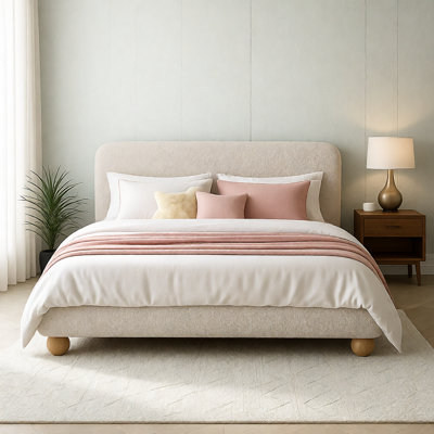 Lit plateforme tapissier contemporain à profil bas, grand lit, tissu molletonné Teddy avec tête de lit courbée et pieds en bois massif, sans sommier tapissier, blanc