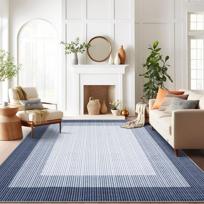 9 x 12 ft Polyester Blue Rectangular Area Rug Geometric Bordered Modern Machine Washable for Indoor, Blue, Rectangle 9' x 12'