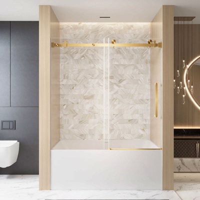 Frameless Single Sliding Shower Door  56-60 "W X 60" H, 1/4 "(6 Mm) Clear Tempered Glass, Explosion Proof Film, Stainless Steel Handle Square Tube Track