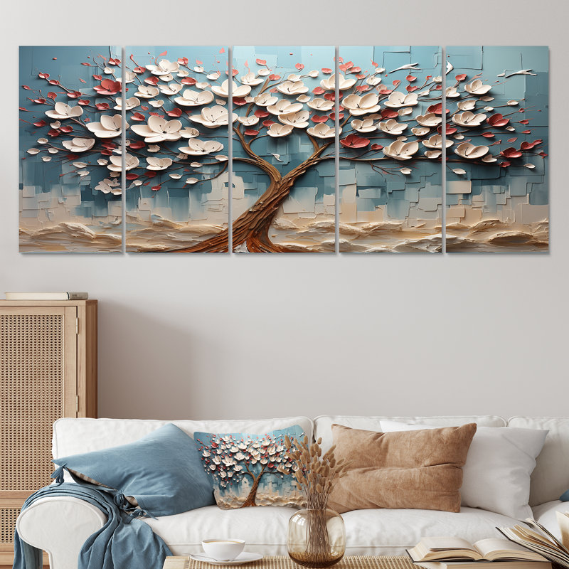 "Arbre de fleurs rouge et or au clair de lune beauté 5 pièces", 5 pièces, H 28 po x l 60 po