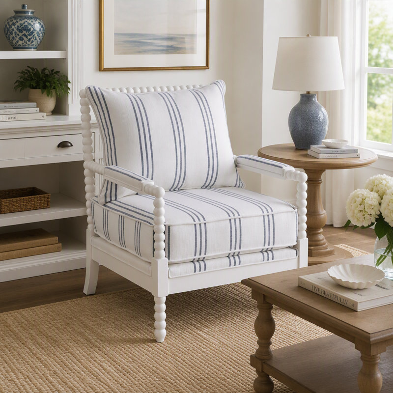 Chaise d'appoint à rayures blanches et bleu marine - Style bohème / nautique + accoudoirs rembourrés