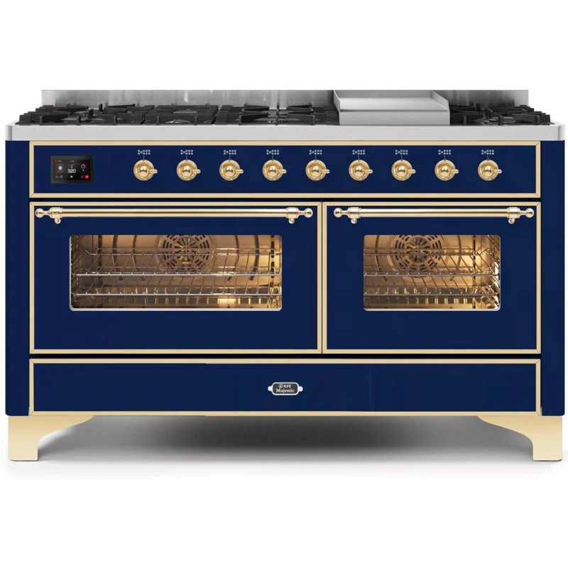 ILVE UM15FDNS3BGG Majestic II 60 inch Dual Fuel Range with 9 Burners, Griddle (Natural Gas, Triple Glass Door, Blue Grey, Brass)