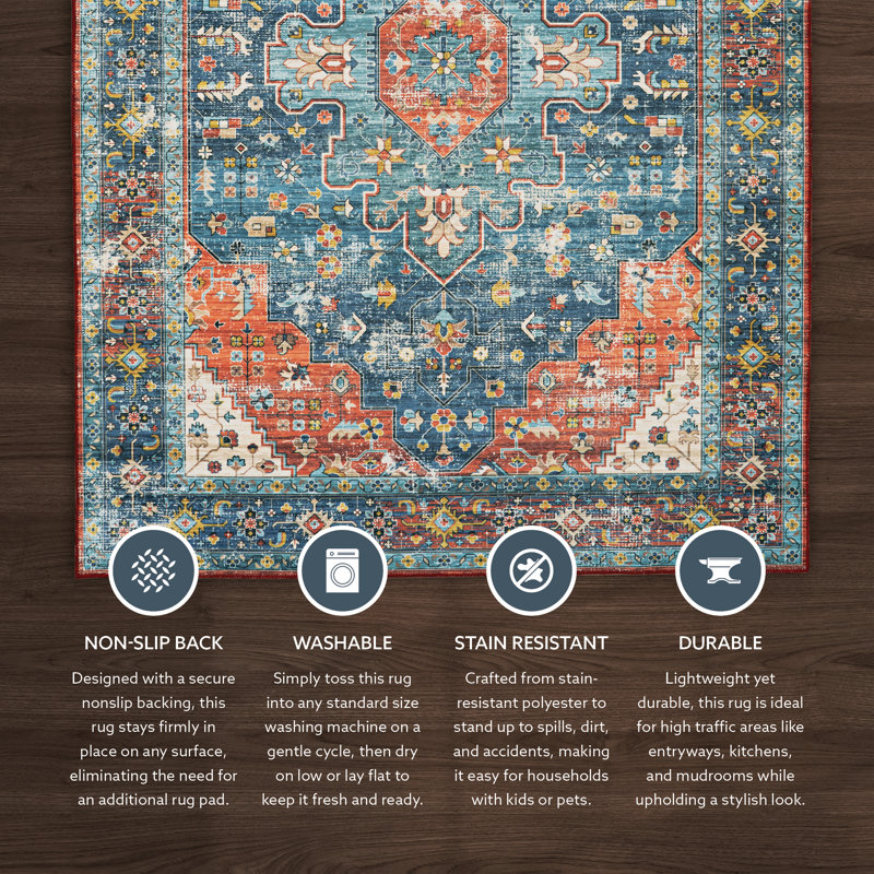 Ducote Washable Teal and Rust Machine Woven Area Rug, Runner 2' x 8'