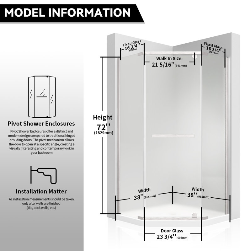 38" W x 38" D x 72" H Semi-Frameless Neo-angle Shower Door with Towel Bar and Fixed Panel, Brushed Nickel, Frosted