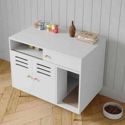 Cat Litter Box Enclosure, Hidden Cat Litter Cabinet with Side Entry, Ventilated Doors & Storage Drawer, Modern White End Table Cat Washroom Furniture for Large Cats and Multi Cat Households