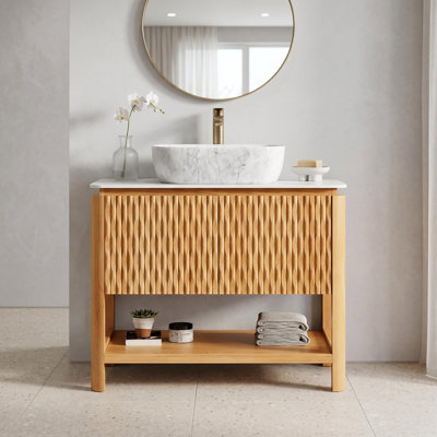 Meuble-lavabo autoportant en contreplaqué 48 po avec vasque en céramique à motif marbré et plateau en pierre frittée blanc de Carrare