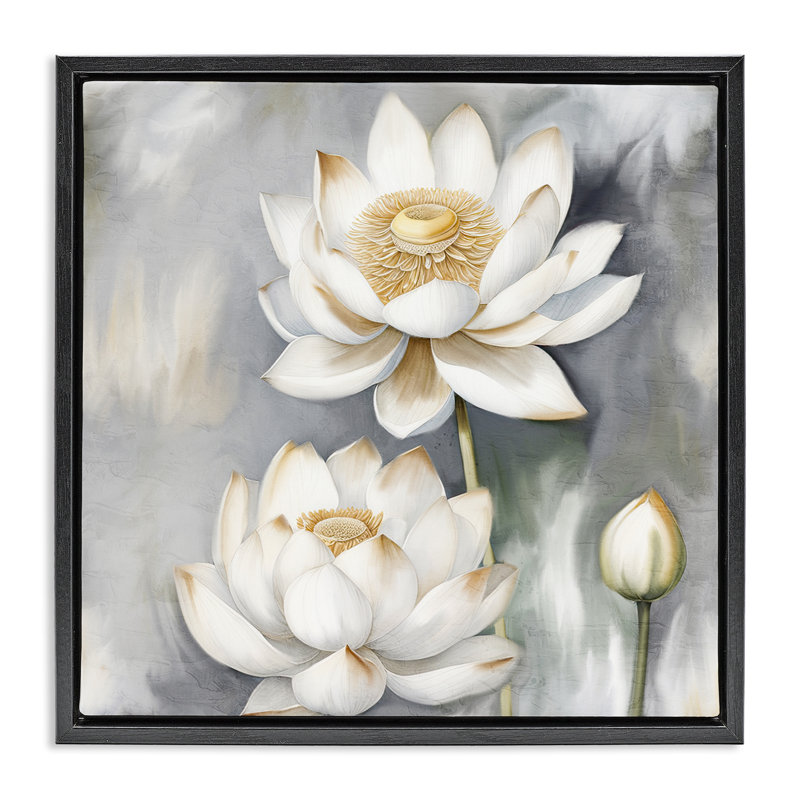 Art mural sur toile flottant Lotus blanc par Kim Allen, Cadre flottant noir de jais, H 18 po x l 18 po