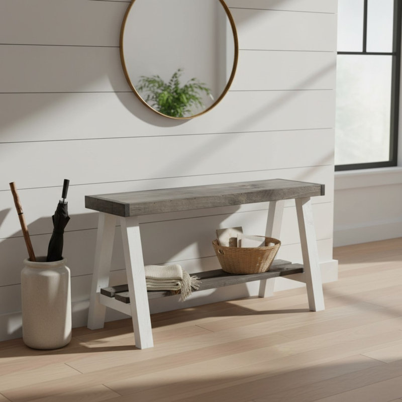 Banc de rangement en bois massif Minoo, Gris / blanc
