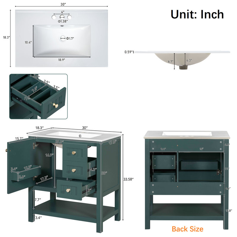 Nazhir Transitional Vanity Combo -30" Transitional Bathroom Cabinet with Ceramic Sink, Dark Green