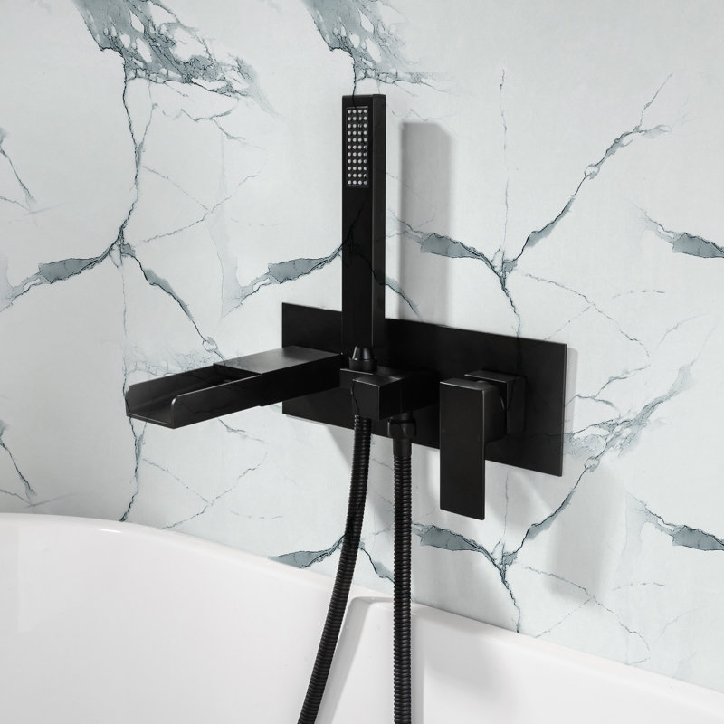 Wall Mount Waterfall Tub Filler – Matte Black, Extra Long Spout, High Flow Bathroom Faucet With Rough-In Valve