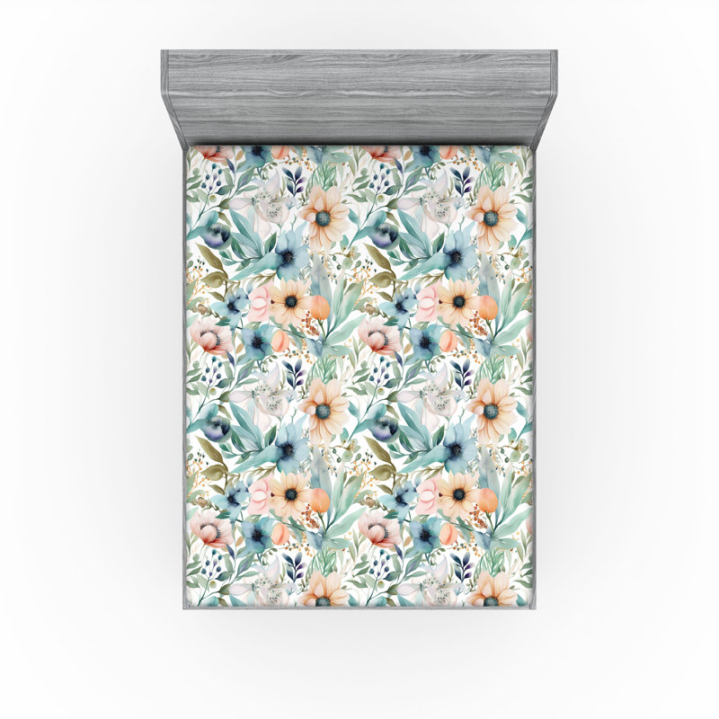 Drap-housse Ambesonne, Écume de mer, pêche, blanc / floral, Drap-housse grand