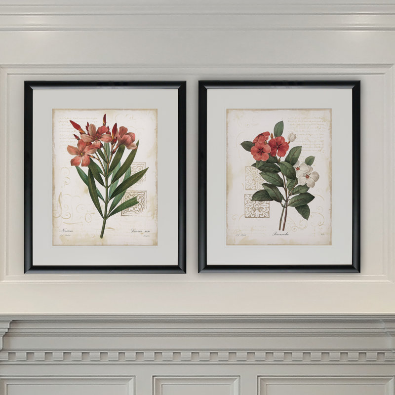 «Laurier Rose», ensemble de 2 reproductions d'impressions encadrées, Cadre noir