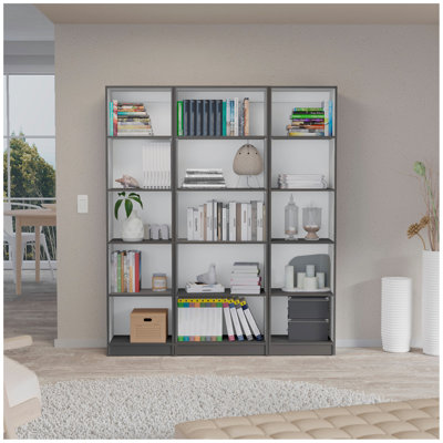 Bartow 3 Piece Home Bookcase Set, 60" Wide With 15 Shelves ,  Living Room Set Set Matt Gray - White