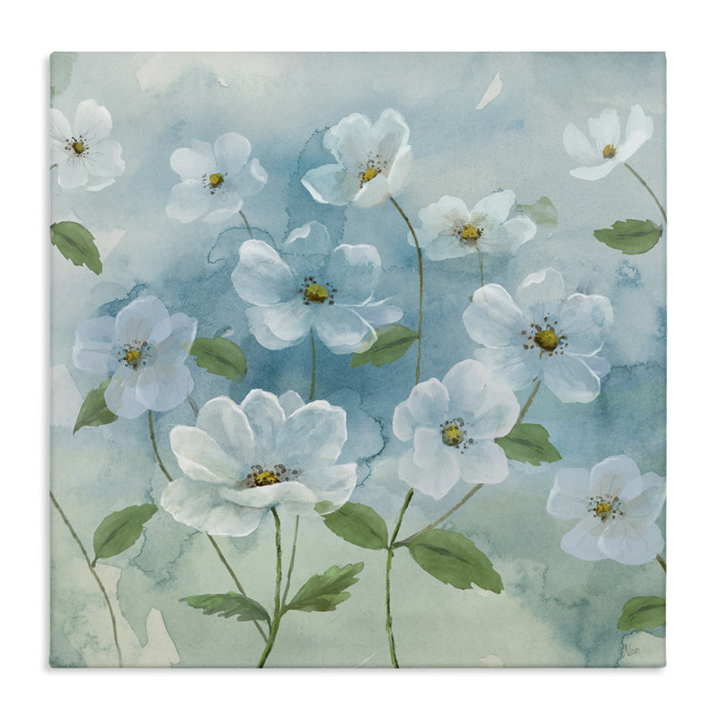 Jolies fleurs sur toile bleue par Nan, H 17 po x l 17 po