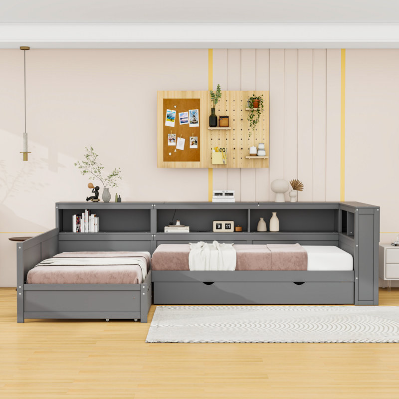 Lit plateforme simple en L en bois avec lit gigogne simple, tiroir de rangement, tablettes et station de charge, Gris