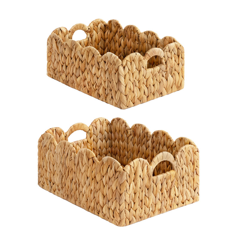 Scalloped Edge Wicker Storage Basket, Hand Woven Basket with Handles for Décor, Shelves, Pantry