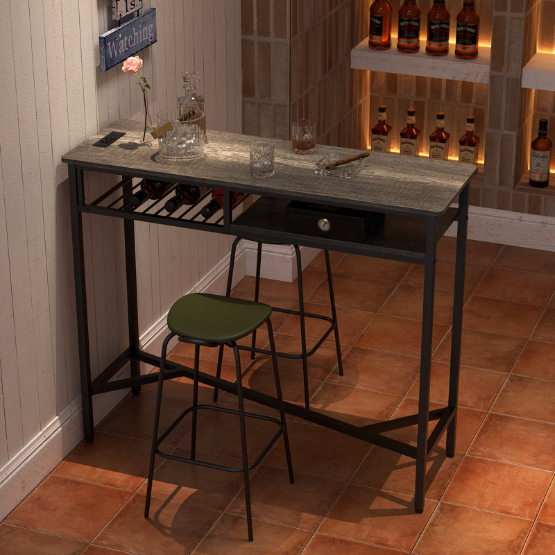 Eagan 47.24" Counter Height Dining Table Metal Base Bar Table with Charging Station and Storage shelf