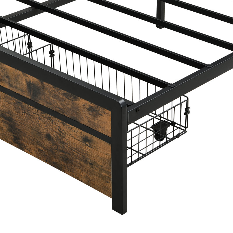 Très grand cadre de lit très grand avec tiroirs de rangement et tête de lit éclairée à DEL, charge, gris, sans sommier, assemblage rapide, décor de chambre à coucher moderne, structure en métal pour une utilisation à long terme, télécommande avec lumières antibruit, 2 tiroirs,
