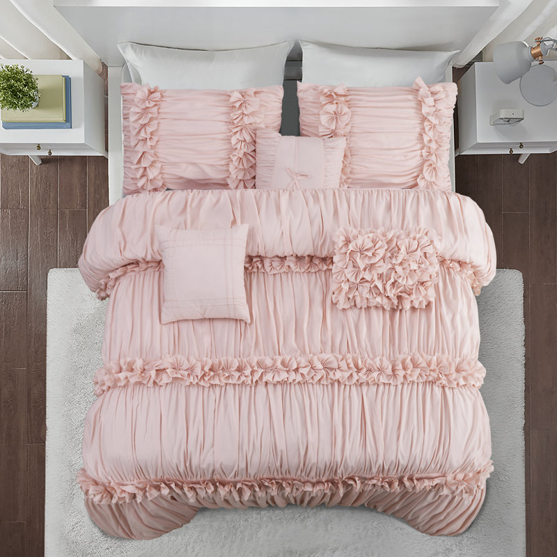  Ensemble d'édredon à plis froncés 7 pièces Lit romantique dans un sac, Édredon de très grande taille et 6 pièces suppl, Rose