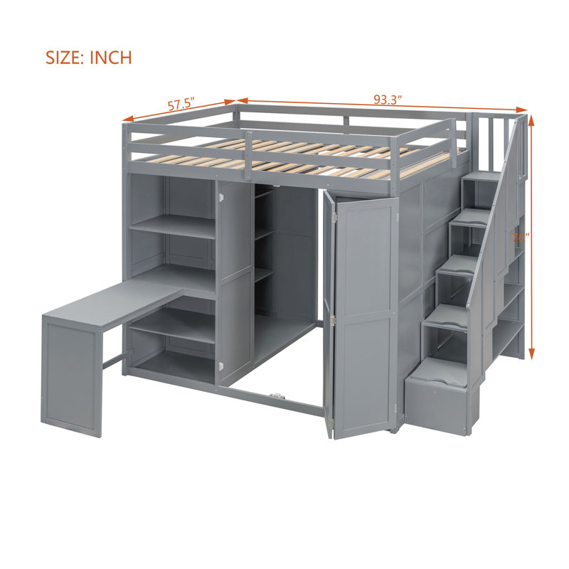 Lit mezzanine double avec garde-robe, bureau et tablettes, gris, Gris