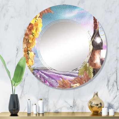 Bouteilles et feuilles de raisin, champ de lavande II - miroir mural rond