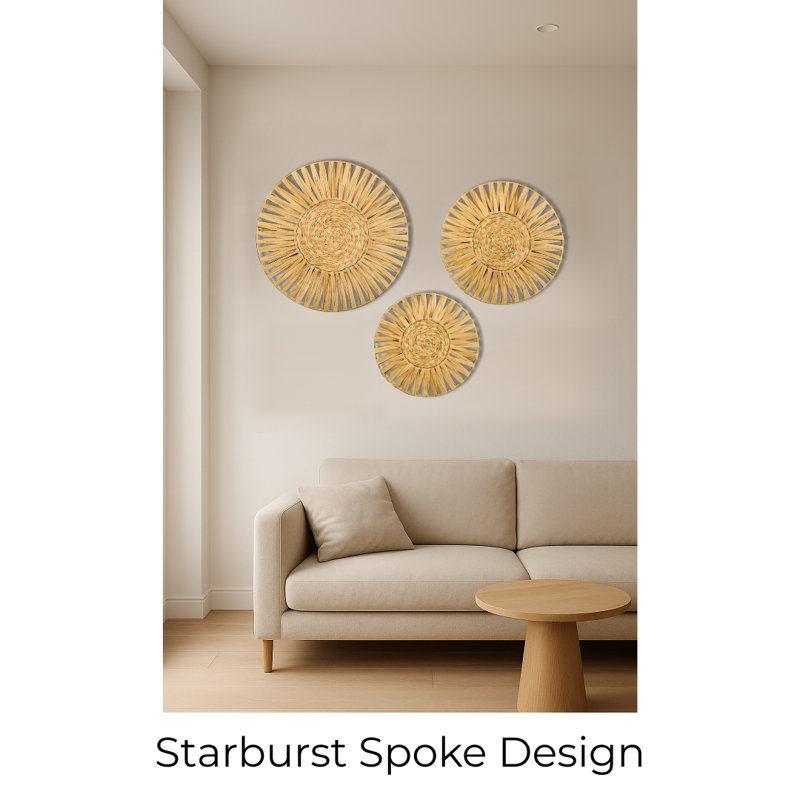 Set Of 3 Handwoven Natural Fiber Wall Décor – Natural Boho Circular Design, Starburst Spoke