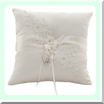 Elegant Lace and Rhinestone Wedding Ring Pillow 7.8x7.8 Inches