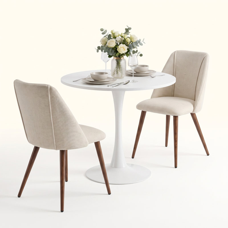 Ensemble de salle à manger rond 3 pièces de 80 cm avec table à pied centrale blanche et chaises rembourrées, Blanc, Beige