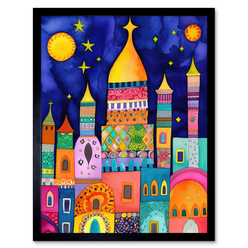 Islamic Cityscape Moonlight Mosque Folk Art Artwork Framed Wall Art Print 9X7 Inch