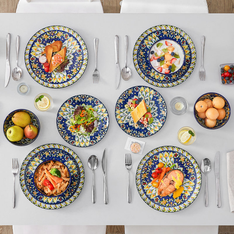 12 Pieces Porcelain Dinnerware Set, Multicolour Set, Dinner Plate, Dessert Plate And Bowl Set For 4 Person, Polychrome, Ceramic Stamping In Bohemian Style