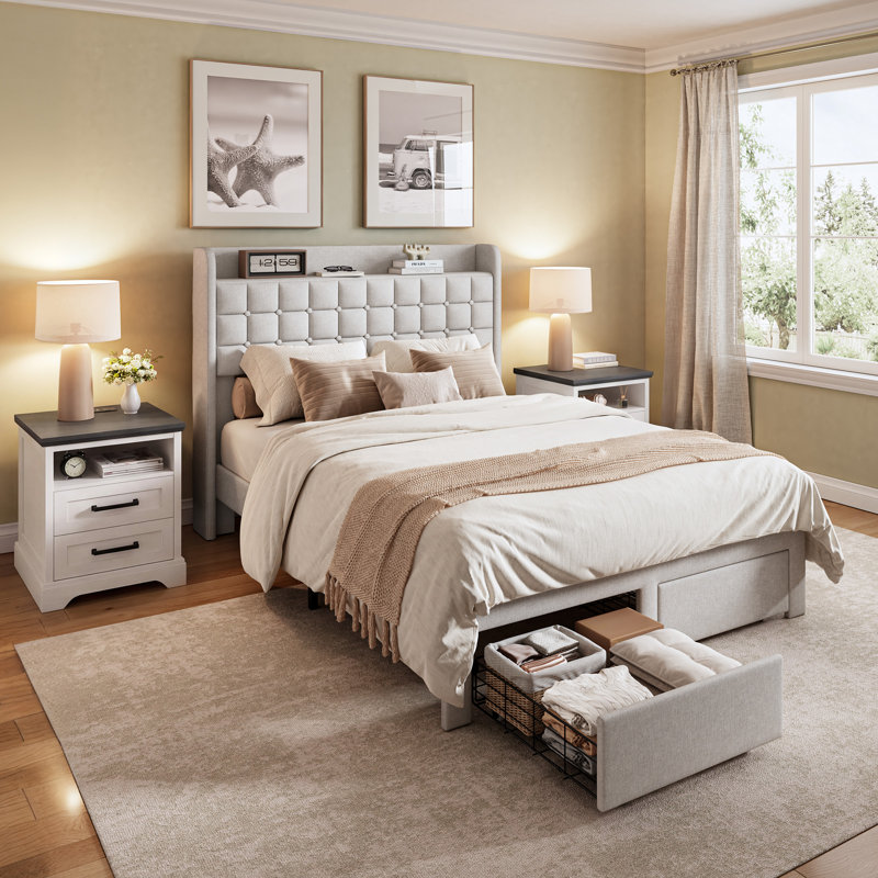 Ensemble de chambre à coucher 3 pièces avec rangement à 2 tiroirs avec charge Avelyn, Beige, Full