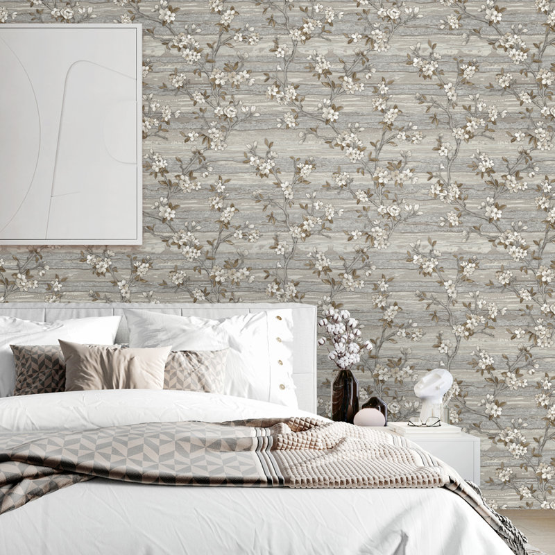 Flocked Botanical Blossom Pattern Stylish Floral Wallpaper, Grey