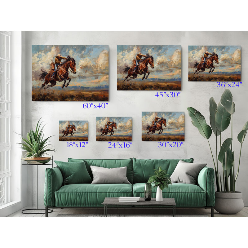 Cowboy chevauchant un cheval, impression sur toile, décoration murale moderne pour la maison et le bureau, H 24 po x l 36 po