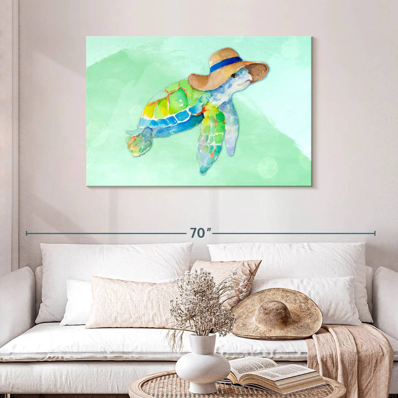 Tortue avec un chapeau sur fond bleu aquarelle, H 30 po x l 45 po