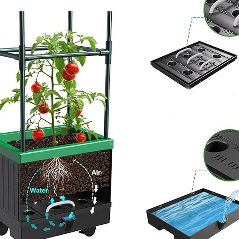 Raised Garden Bed Planter Boxes with Trellis, 70.9" Wheeling Self-Watering Tomato Planter Boxes with Trellis (Black)