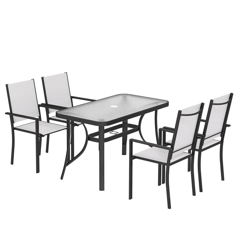 4 Seater Grey Garden Dining Set, Rectangular Glass Top Table with Parasol Hole and 4 Stackable Chairs, Texteline and Steel Patio Furniture