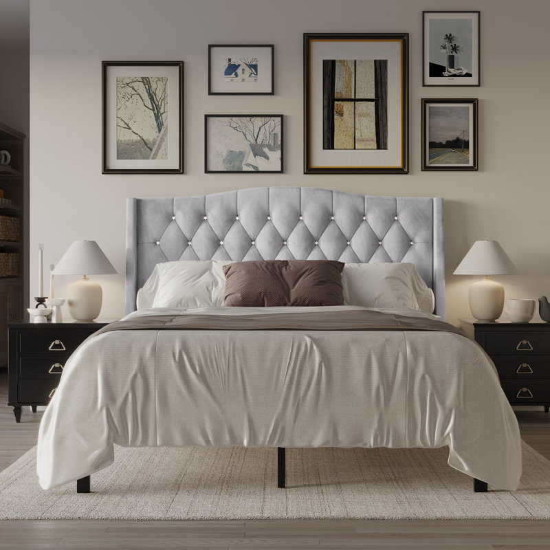 Lit plateforme tapissier Dwayn, Gris argenté, Grand