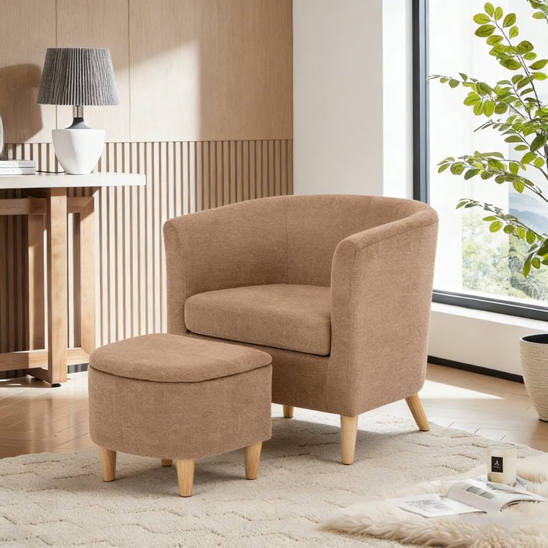 Upholstered Accent Chair with Storage Ottoman, Mid Century Modern Barrel Armchair and Footrest Set，Leisure Sofa Reading Chair Living Room Chair and Footstool for Living Room Bedroom Reading Room